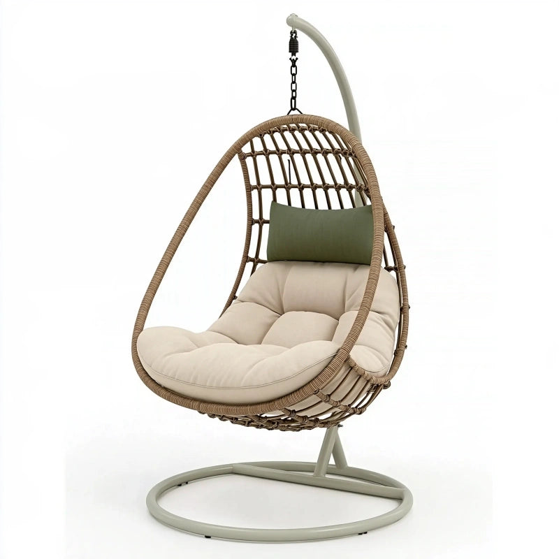 Hängesessel 105 x 105 x 195 cm Beige mit Metallgestell und Geflecht für Innenbereich und überdachten Aussenbereich