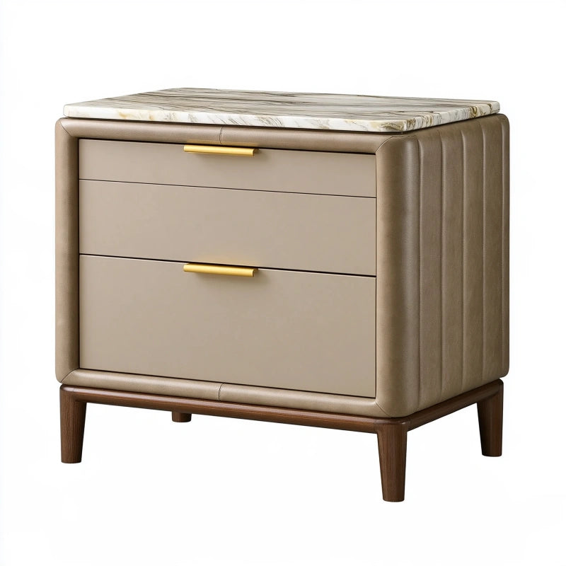 Nachttisch 60 x 45 x 60 cm Kunstleder Beige mit Marmorplatte und 2 Schubladen