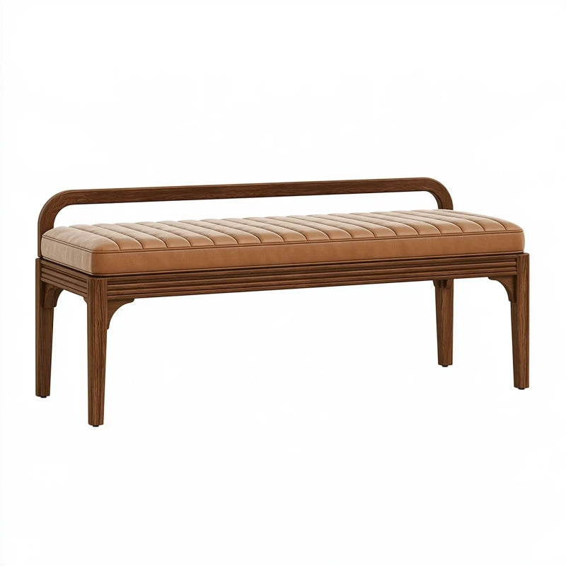 Sitzbank 140 cm aus Holz und Kunstleder in Braun Beige mit Rückenlehne