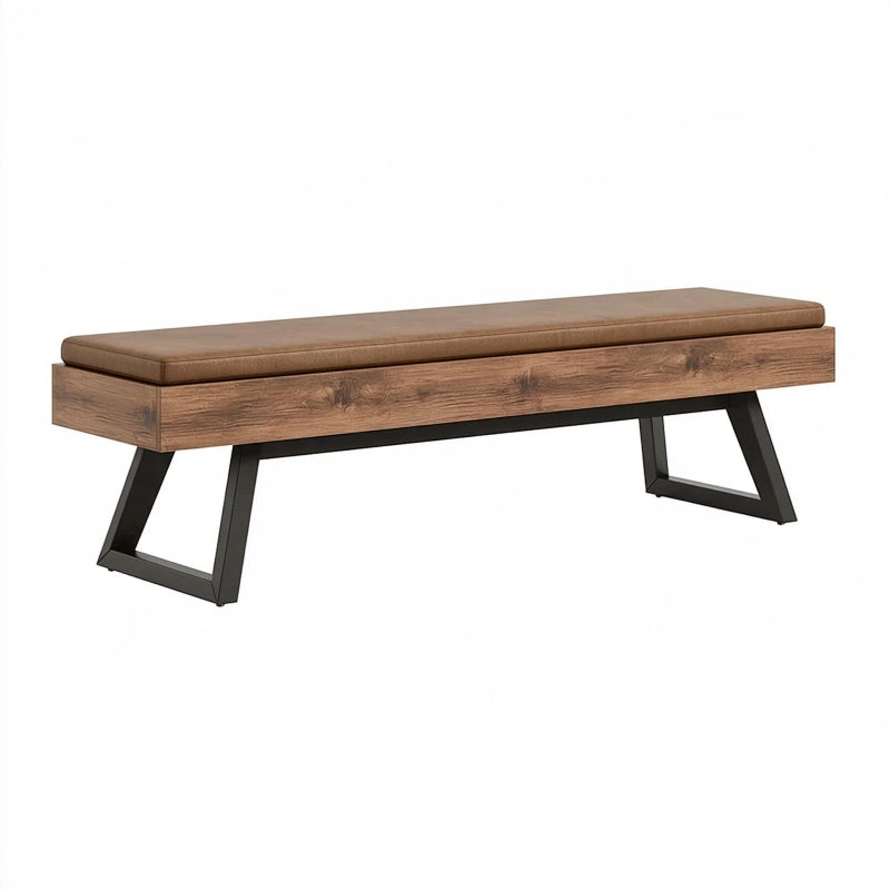 Sitzbank 140 x 40 x 45 cm Braun mit Holzoptik und Kunstlederpolsterung im Industrie-Stil