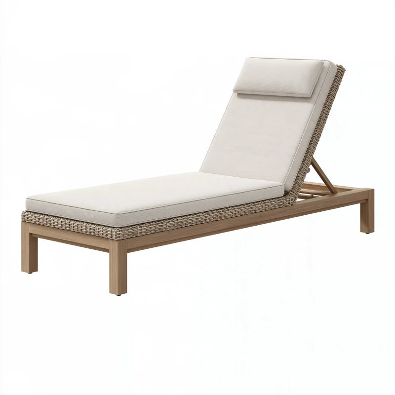 Sonnenliege 200 x 70 x 85 cm aus Holz und Geflecht in Beige mit verstellbarer Rückenlehne