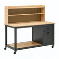 Werkbank 120 x 60 x 150 cm aus Holz und Stahl Schwarz/Natur mit Lochwand und Rollen