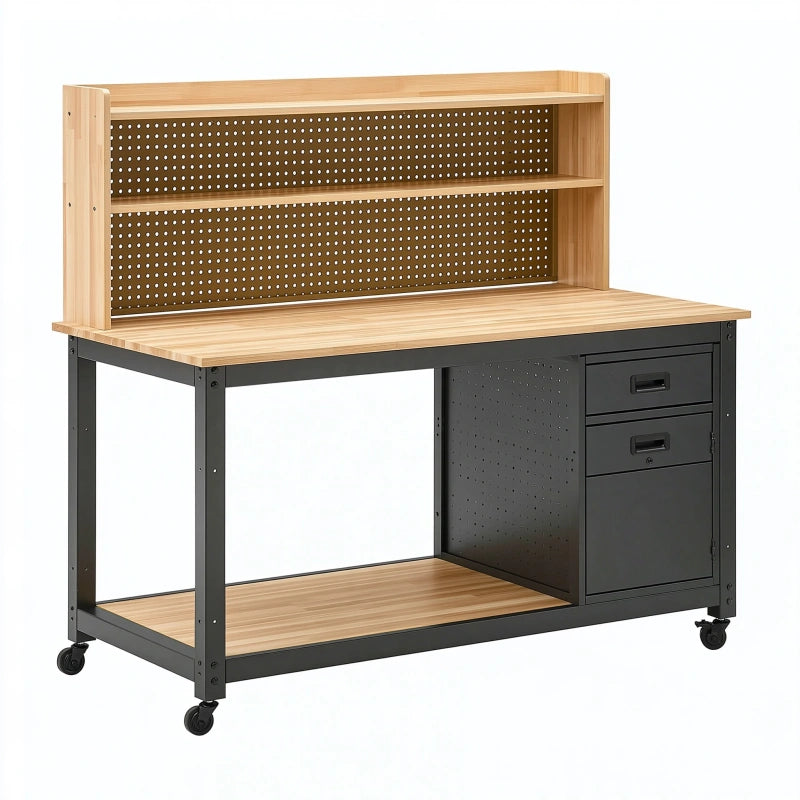 Werkbank 120 x 60 x 150 cm aus Holz und Stahl Schwarz/Natur mit Lochwand und Rollen