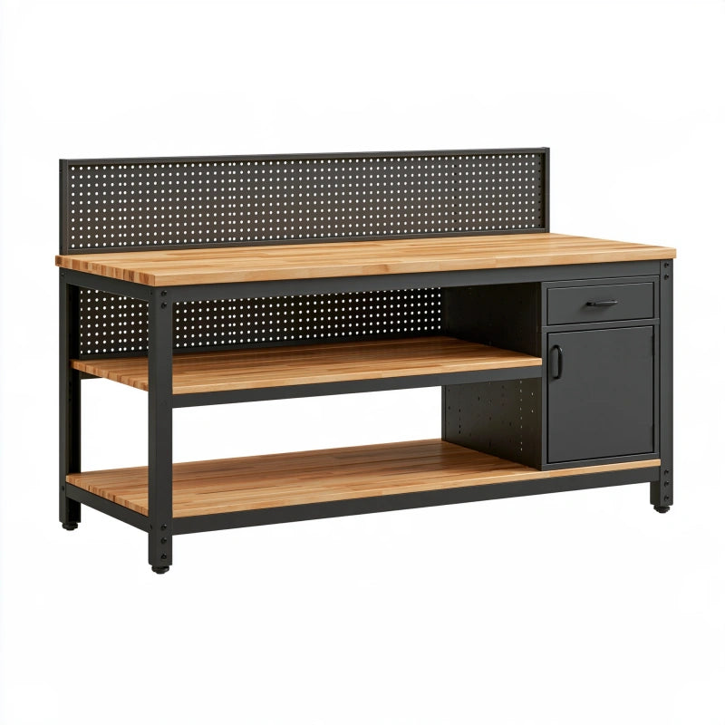 Werkbank 120 x 60 x 100 cm aus Stahl und Holz Schwarz Natur mit Lochwand und Stauraum