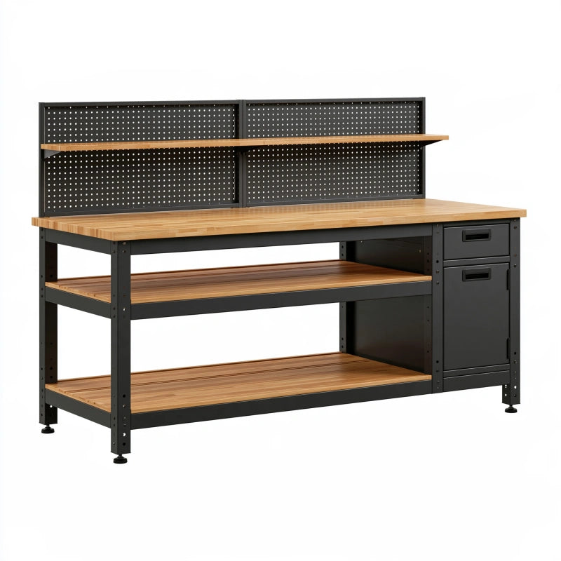 Werkbank 160 x 60 x 150 cm Holz Stahl Schwarz Natur mit Lochwand und Stauraum
