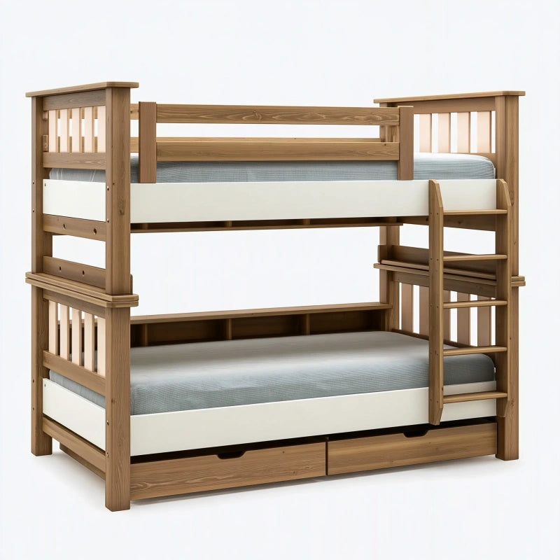 Etagenbett 200 x 90 cm Holz natur/weiss mit Leiter und Stauraum