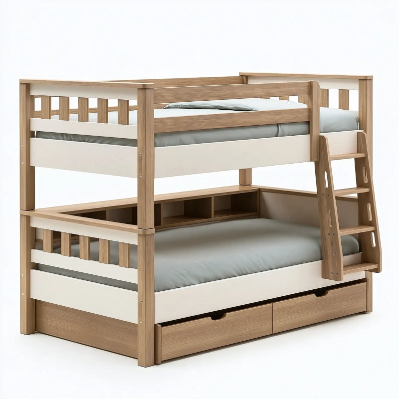 Etagenbett 90 x 200 cm Holz Naturweiss mit Leiter und Schubladen